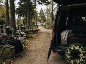 Klusa kapsētas aina ar apbedīšanas transportu un ziedu vainagu.