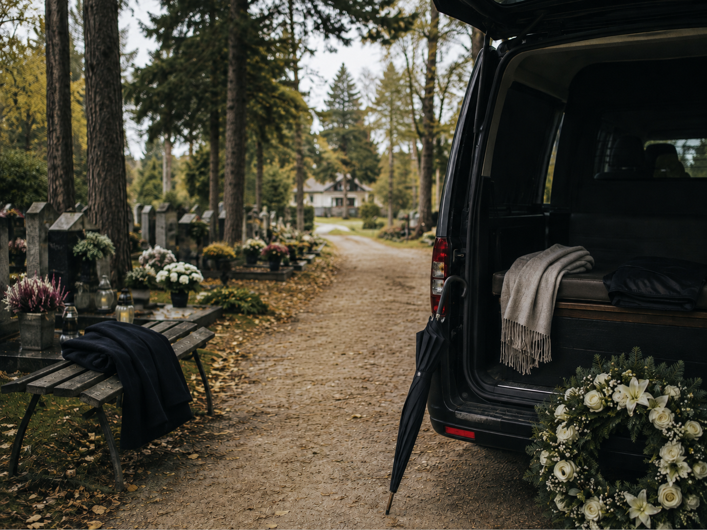 Klusa kapsētas aina ar apbedīšanas transportu un ziedu vainagu.