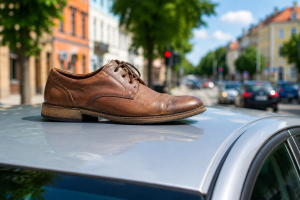 Brūna vīriešu kurpe uz automašīnas jumta