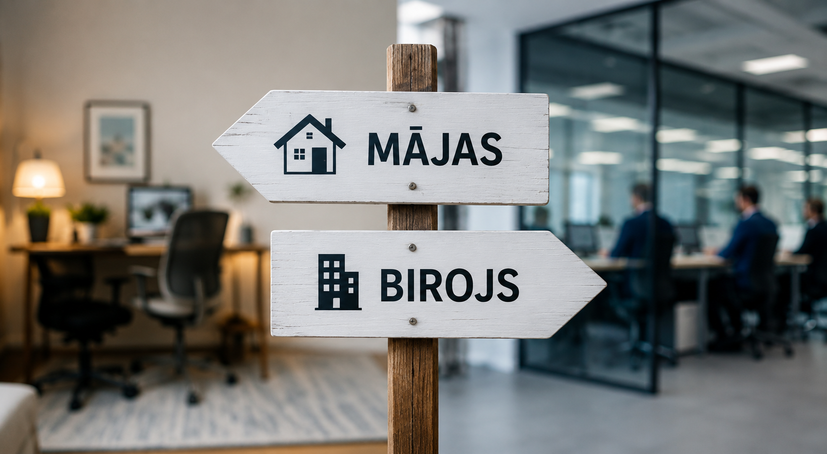 Norādes “Mājas” un “Birojs” starp mājas darba vietu un biroju
