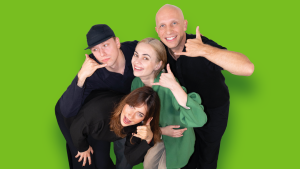 RADIO TEV jaunā rīta šova vadītāju komanda uz zaļa fona