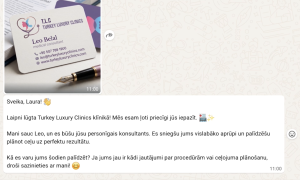 “Turkey Luxury Clinics” konsultanta WhatsApp ziņa latviešu valodā ar piedāvājumu palīdzēt plānot medicīnisko procedūru un ceļojumu uz Turciju.