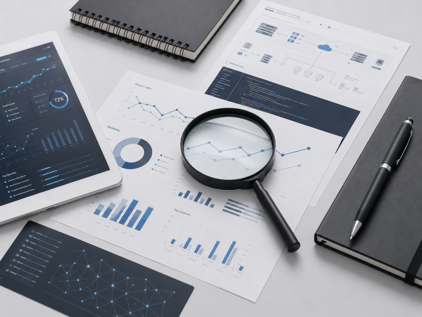 SEO pakalpojumu analīze ar datu grafikiem, atskaitēm un palielināmo stiklu