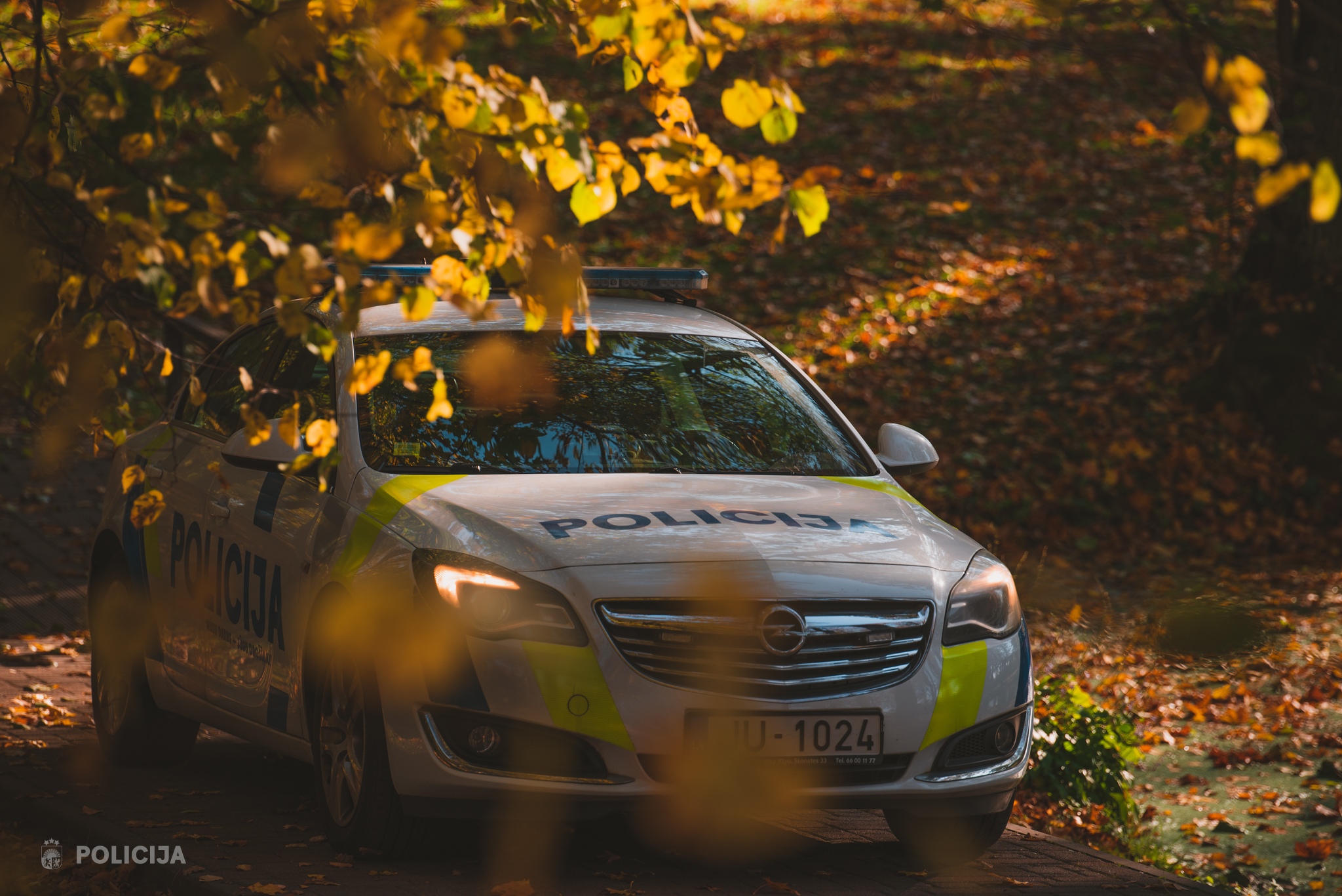 Valsts policijas automašīna rudenīgā ainavā