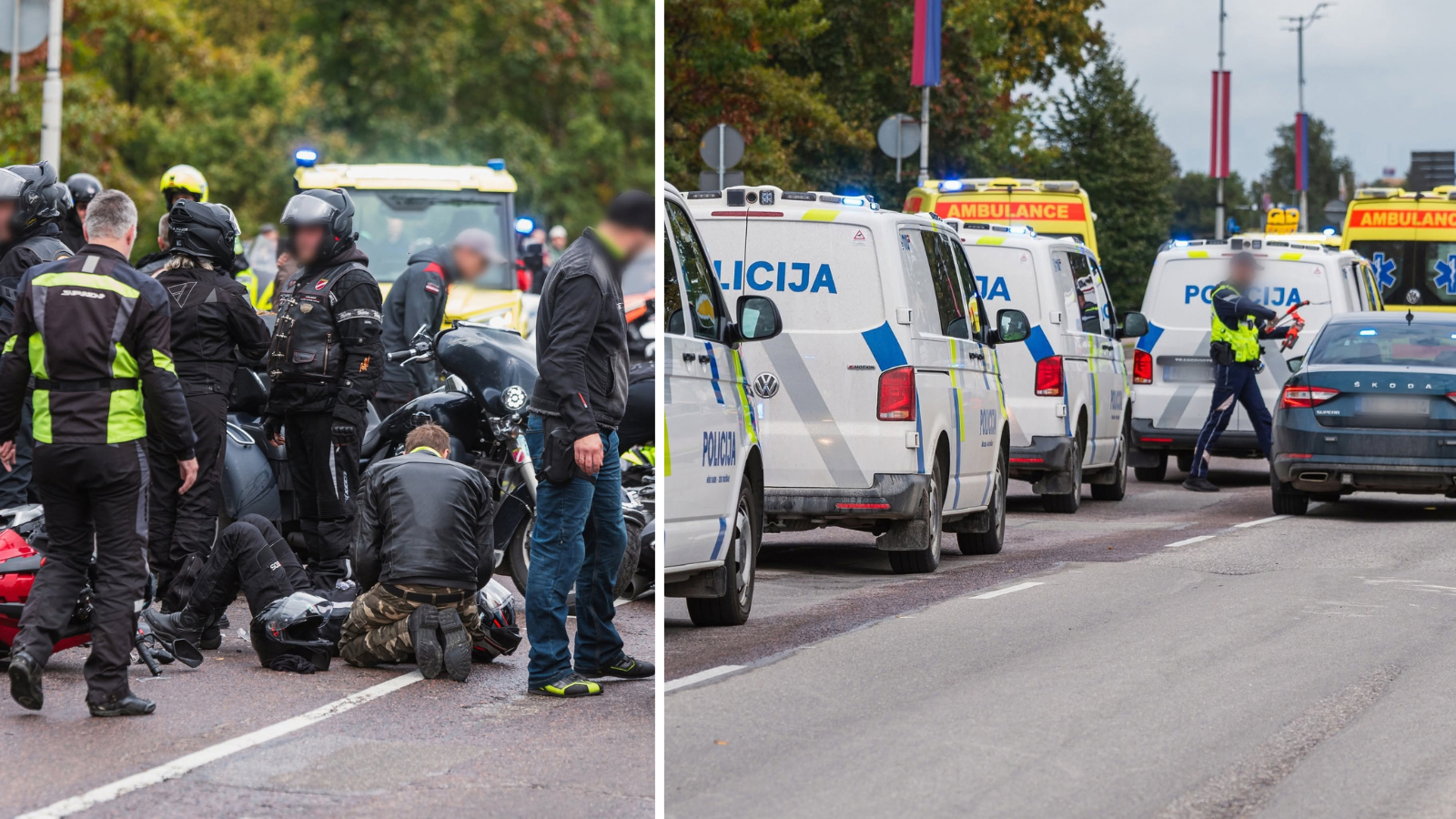 Jelgavā sestdien motosezonas noslēguma parādes laikā tricikls aizķēris divus uz ceļa novietotus policijas motociklus un pēc tam iebraucis pretējā virzienā braucošo motociklu plūsmā. Negadījumā cietuši trīs cilvēki, informē Valsts policija un Neatliekamās medicīniskās palīdzības dienests (NMPD). Policija ziņu par avāriju saņēma ap plkst. 13.30. Sākotnēji tika ziņots par divu motobrauciena dalībnieku sadursmi, taču, turpinot darbu notikuma vietā, policija precizēja negadījuma gaitu. Policijas motocikli bija novietoti ceļa vidū, lai atdalītu motobraucēju kustības plūsmas. Tricikla vadītājs tos aizķēra un, turpinot kustību, sadūrās ar citu motobrauciena dalībnieku. Policija noskaidrojusi, ka cietis tricikla vadītājs, otra motocikla vadītājs un vēl viena persona, kura atradās ceļa malā un, iespējams, tika aizķerta negadījuma laikā. Policija arī pārbauda informāciju par iespējamu pasažieri uz otra motocikla. NMPD mediķi palīdzību sniedza trim cietušajiem. Viens nogādāts ārstniecības iestādē, taču, pēc dienesta sniegtās informācijas, smagu traumu nav nevienam. Avārijas dēļ Lielajā ielā starp Lielupes un Driksas tiltiem uz laiku pagarināja satiksmes ierobežojumus. Jelgavas pašvaldība plkst. 14.10 paziņoja, ka satiksme pāri abiem tiltiem ir atjaunota. Motosezonas noslēguma braucienā Jelgavā bija paredzēta vairāk nekā 3000 motobraucēju dalība.