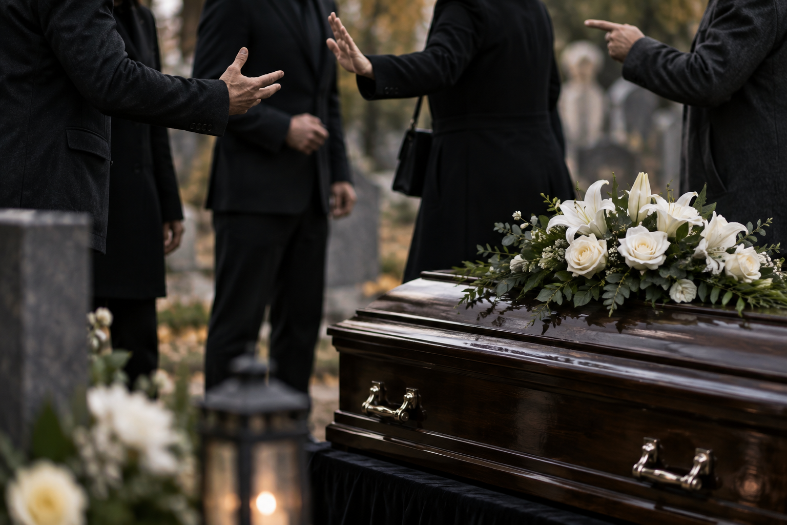 Bēru ceremonija kapsētā ar zārku un strīdu starp sērotājiem