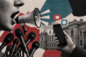 Kolāža par politiķu retoriku un sociālo mediju ietekmi