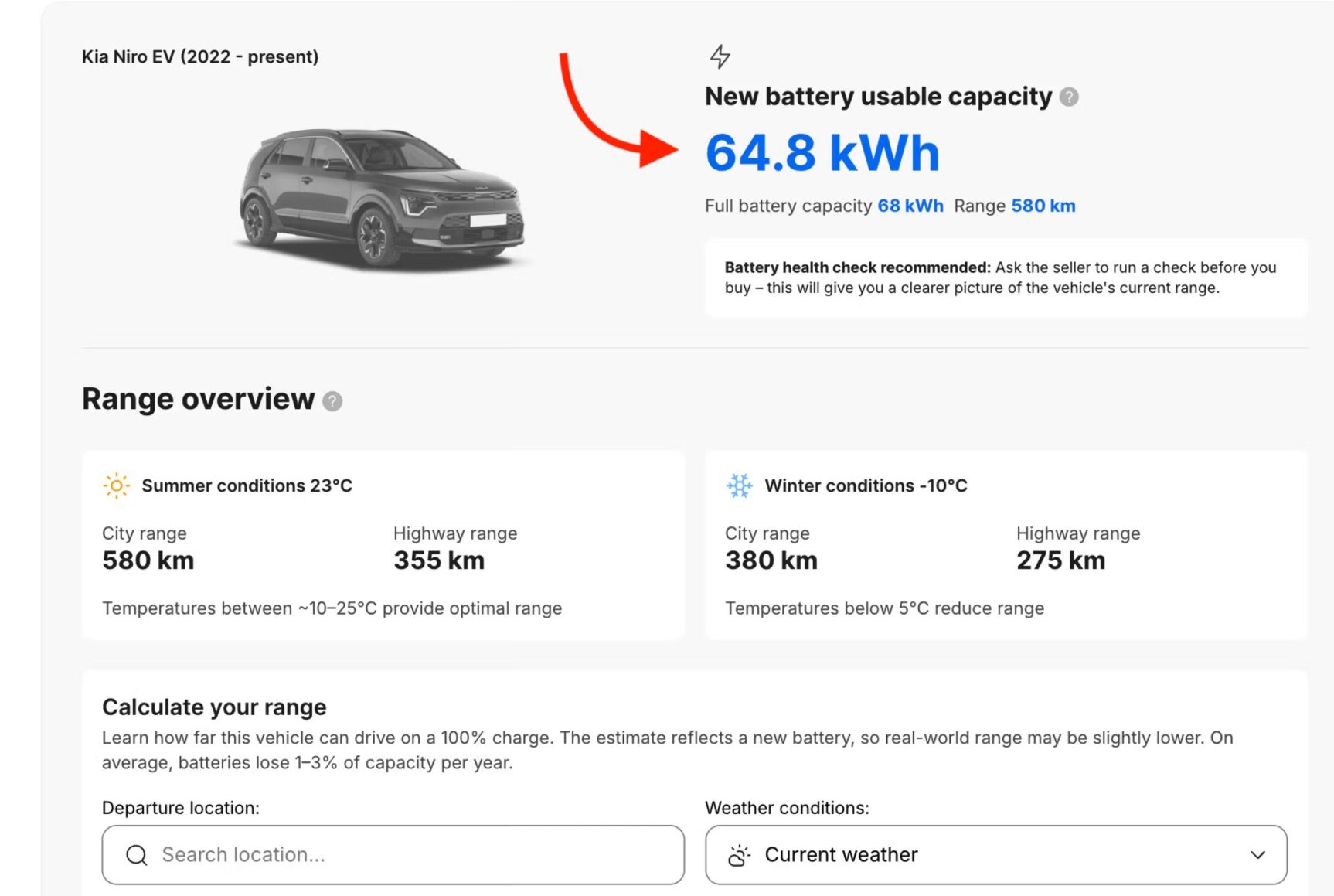 Kia Niro EV nobraukuma un akumulatora ietilpības aprēķina piemērs