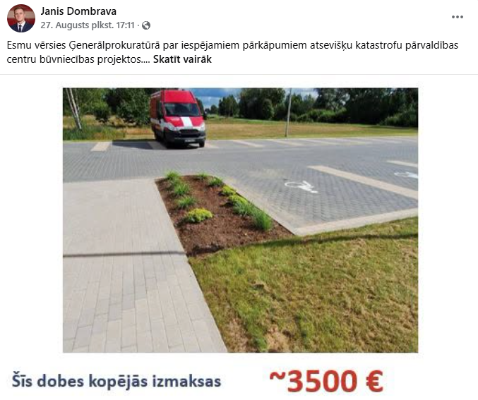 Iekšlietu ministra Jāņa Dombravas Facebook ieraksts par katastrofu pārvaldības centru izmaksām
