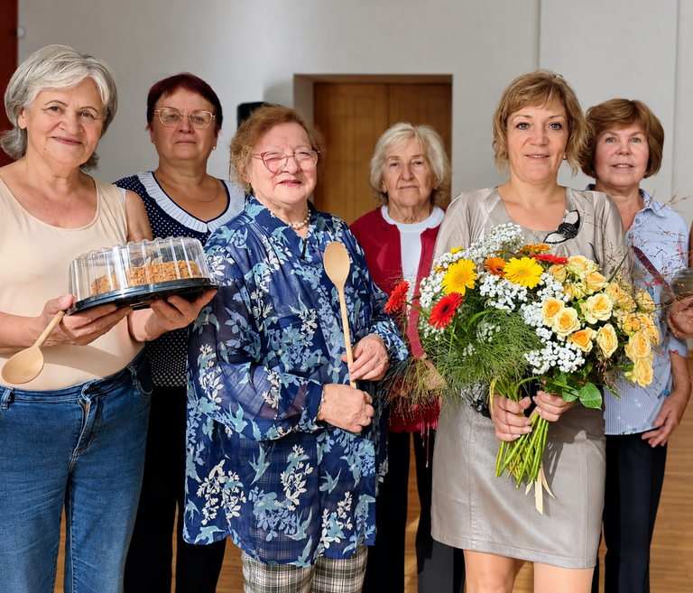 Sešas sievietes kopīgā fotogrāfijā ar ziedu pušķi un kūku.