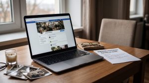 Portatīvā datora ekrānā redzams miruša cilvēka piemiņas profils sociālajā tīklā Facebook. Uz galda novietotas fotogrāfijas un digitālā mantojuma plānošanas dokuments.