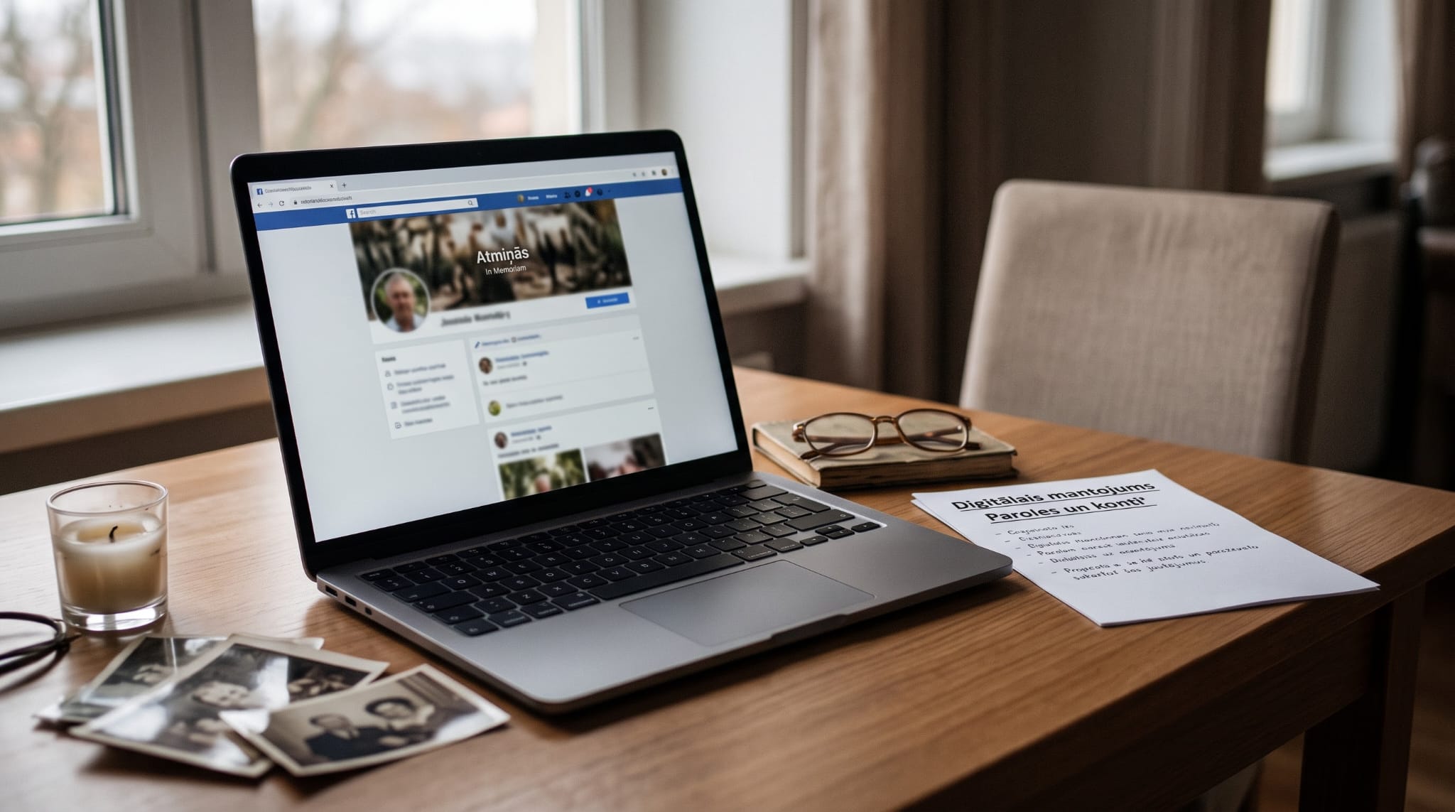 Portatīvā datora ekrānā redzams miruša cilvēka piemiņas profils sociālajā tīklā Facebook. Uz galda novietotas fotogrāfijas un digitālā mantojuma plānošanas dokuments.