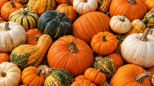 Dažādu izmēru un krāsu ķirbji rudens ražas laikā – oranži, balti, zaļi un raibi ķirbji.