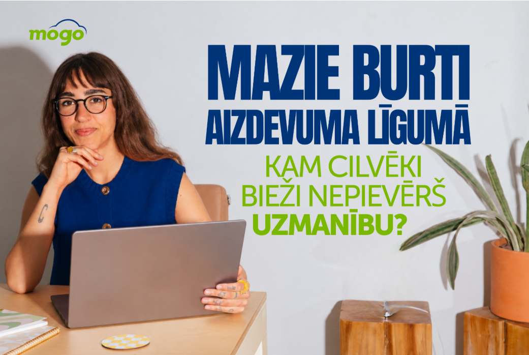 Sieviete pie portatīvā datora un Mogo informatīvais attēls par pieciem svarīgiem aizdevuma līguma nosacījumiem.