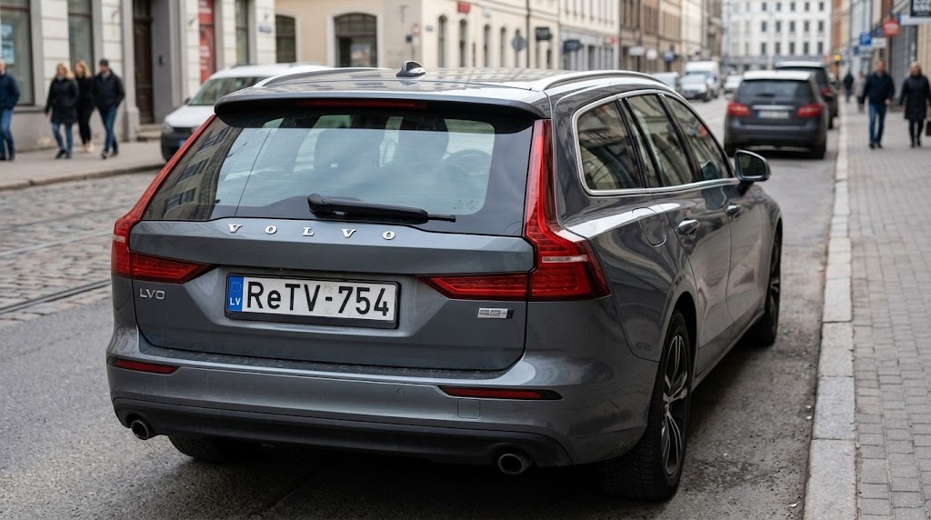 Pelēka Volvo automašīna ar personalizētu Latvijas valsts reģistrācijas numura zīmi „ReTV-754” pilsētas ielā.