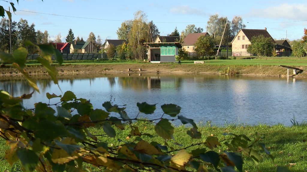 Ūdenstilpe Vītoliņos ar nelielu saimniecības ēku un dzīvojamām mājām pretējā krastā.